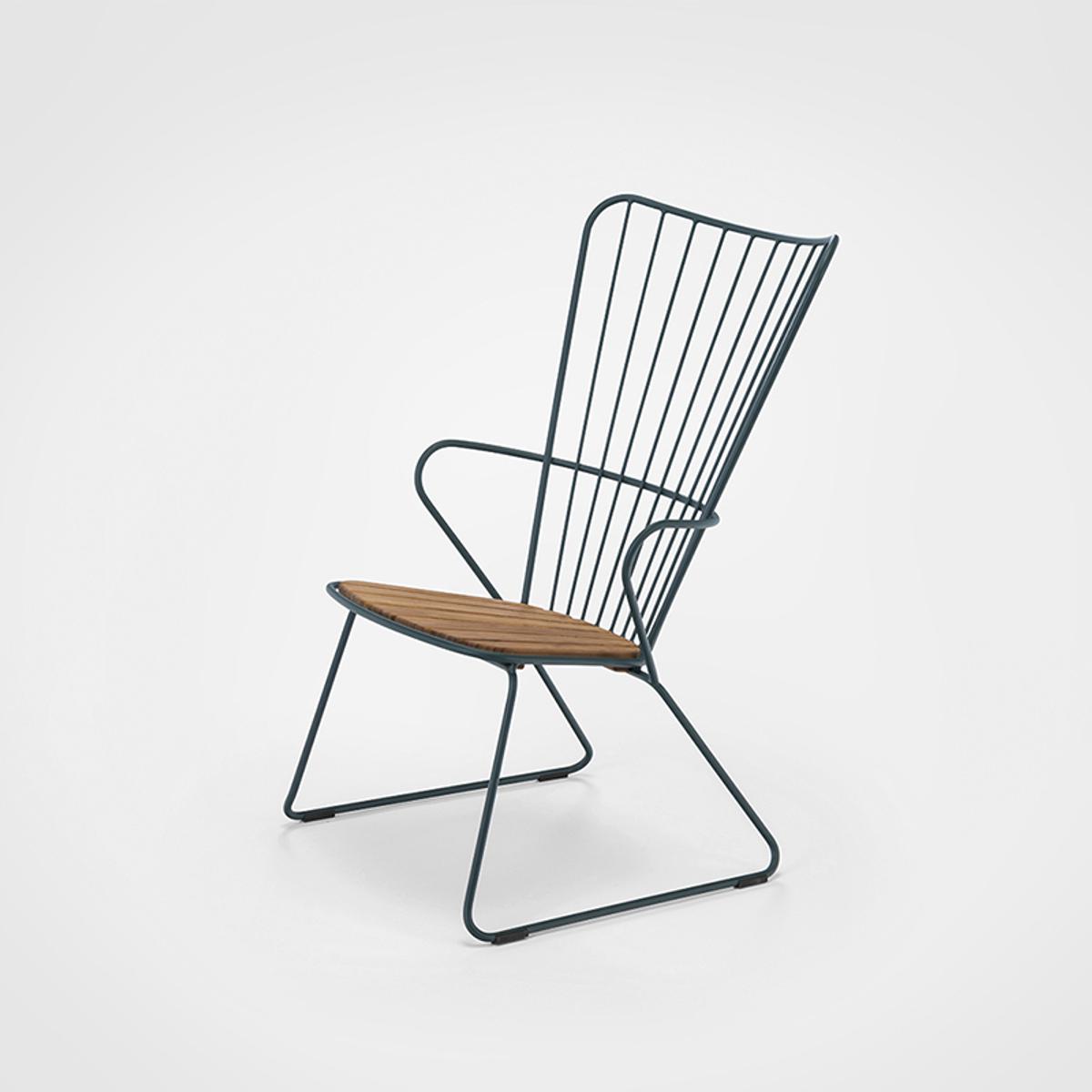 Plumage High Back Chair In Green Metal With Bamboo Seat For Outdoor Use